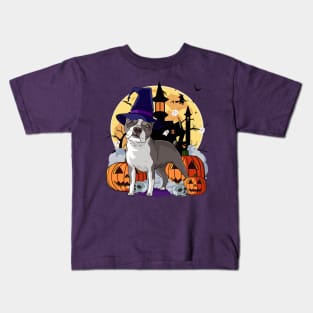 Boston Terrier Scary Halloween Witch Pumpkin Kids T-Shirt